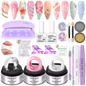 SAVILAND Solid Builder Nail Gel Kit Beginner: 3 Colors Non Sticky 3D Nail Gel with U V Lamp Chrome Powders Nail Sequins Complete Sculpting Nail Art Accessory for Nail Extension Carving