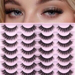 False Eyelashes D-Curl Faux Mink Lashes Fake Lashes Extensions Wispy Lash Soft Russian Strip Eyelashes Pack, 14 Pairs