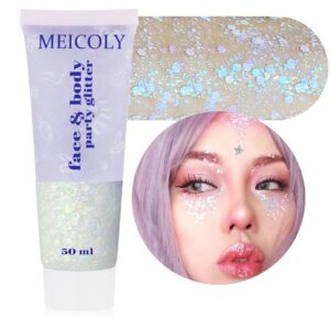 MEICOLY Chameleon Iridescent White Body Glitter, Chunky Face Glitter Paint, Color Changing Mermaid Face Glitter Gel, Opal Glitter Sequin for Body Hair, Halloween Festival Party Cheer Makeup, 50ml