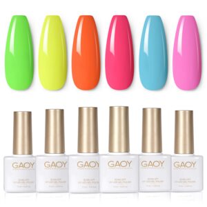 GAOY Neon Green Pink Gel Nail Polish Set, 6 Colors Glow in Dark Blue Orange Yellow Soak Off UV Light Cure Gel Polish Kit for Salon and Nail Art DIY at Home