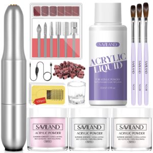 Saviland Acrylic Nail Kit – Drill Included> Clear White Pink Colors> Professional Set with Brushes for DIY Nail Extension