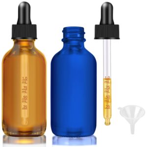 Bumobum Glass Dropper Bottles, 2 oz Amber and Blue for Essential Oils With Funnel, Labels & Pipette – 2 Pack Eye Tincture Dispensing Bottle With Measured Dropper