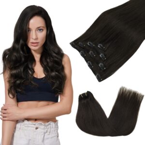 GOO GOO Clip in Hair Extensions Real Human Hair, Remy Human Hair Extensions Clip ins for Women, Natural Human Hair, 14inch 60g 4Pcs, 2 Dark Brown