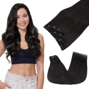 GOO GOO Clip in Hair Extensions Real Human Hair, Remy Human Hair Extensions Clip ins for Women, Natural Human Hair, 14inch 60g 4Pcs, 1B Natural black