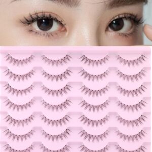 False Lashes Natural Look Short False Eyelashes Wispy 100% Handmade Clear Band Lashes Cat Eye Korean Faux Mink Strip Eyelashes Pack 14 Pairs