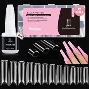 Beetles Gel Nail Tips Square XXL Extra Long Nails for Acrylic Nails Professional, 288 PCS 12 Sizes Half Cover Straight Clear Fake Nails No C Curve Nail Tips with Quick Dry Nail Glue