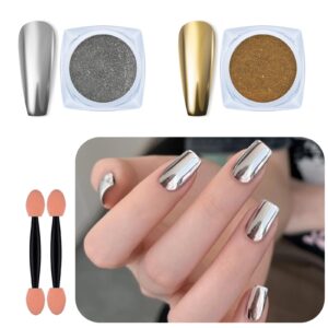 Artdone 2 Jars Chrome Nail Pearl Powder Silver and Gold, Iridescent Aurora Powder Metallic Mirror Effect Pigment Pearlescent Mermaid Pearl Dust Kit, Decoration Resin Craft