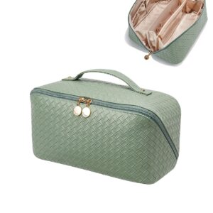 EACHY Travel Makeup Bag, Large Capacity Cosmetic Bags for Women, Waterproof Portable Open Flat Toiletry Bag Make up Bag with Divider and Handle (LB-Green, Large)