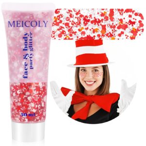 MEICOLY Red and White Face Body Glitter for Reading Week World Book Day,Dr. Week Seuse Costume Accessory for Kids Adults,Book Character Costumes for Kids,Cosplay Accessories for Halloween Festival