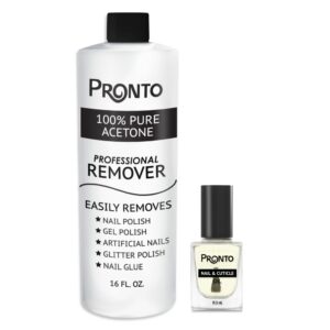 Pronto 16 Oz Acetone Nail Polish Remover and Nail Cuticle Oil Duo, 100 Percent Pure Acetone for Natural, Gel, Acrylic Nails, Cuticle Oil Drops for Repairing Damaged Cuticles and Nail Hydration