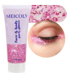 MEICOLY Pink Face Glitter,Pink Body Glitter,Sparkly Hair Glitter,Singer Concerts Lover Heart Chunky Glitter,Pink Glitter Makeup,Mermaid Glitter Face Paint
