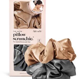 Kitsch Satin Scrunchies for Women – No Crease Hair Ties for Girls | Big Scrunchies For Women with All Hair Types and Textures, Perfect for Day or Night – 2 Pcs, Charcoal and Gold