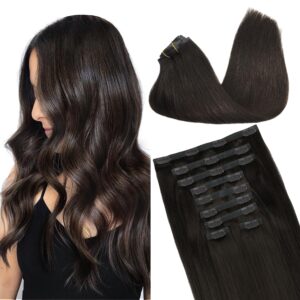 GOO GOO Clip in Hair Extensions Real Human Hair, Remy Human Hair Extensions Clip ins for Women, Natural Human Hair, 14inch 130g 9Pcs, 2 Dark Brown