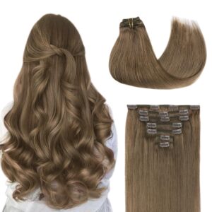 GOO GOO Clip in Hair Extensions Real Human Hair, Remy Human Hair Extensions Clip ins for Women, Natural Human Hair, 14inch 120g 7Pcs, 5 Light Ash Brown
