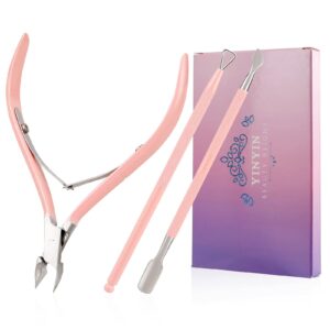 YINYIN Professional Stainless Steel Cuticle Trimmer with Pusher and Cutter – Durable Pedicure Manicure Tools for Fingernails and Toenails (Pink)