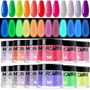 Morovan Acrylic Powder Set – 12 Colors Acrylic Powder Glow in the Dark Acrylic Nail Powder Luminous Colors Professional Polymer Powder for Acrylic Nail Extension Carving