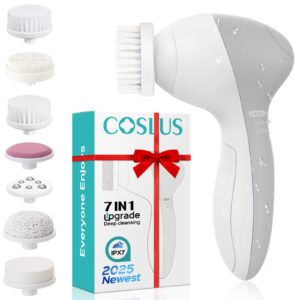 COSLUS Facial Cleansing Brush Silicone Face Scrubber: 7 in 1 FBS-D Electric Exfoliating Rotating Massage Device Waterproof Deep Cleaning Exfoliation Spa Machine – Electronic Skin Care Wash System