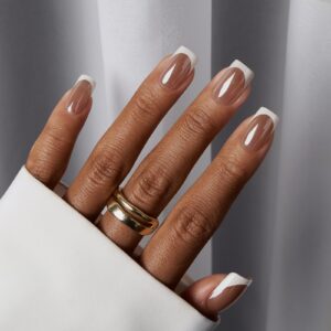 BTArtbox Press on Nails Short Square – White Chrome French Tip Squoval False Nails, Glazed Glue On Nails, Natural Stick On Nails in 15 Sizes – 30 Fake Nails Kit, Wheat