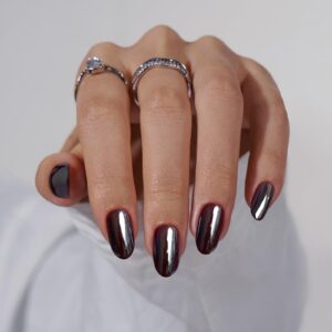 BTArtbox Press On Nails Short – Dark Oval Press On Nails, Chrome Glazed Glue On Nails, Supremely Fit & Glossy Stick On Nails in 16 Sizes – 30 Fake Nails Kit, Magic Mirror