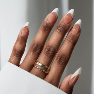 BTArtbox French Tip Press On Nails – Medium Press On Nails Almond, Natural Fake Nail with Nail Glue, Brown Glue On Nails in 15 Sizes – 30 Fake Nails Kit, Capable