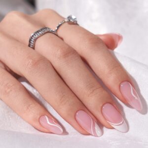 BTArtbox Press On Nails Medium – Soft Gel French Tip Press On Nails, Almond Glue On Nails with Nail Glue, Reusable Stick On Nails in 15 Sizes, White Swirl