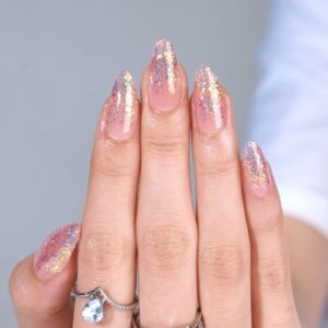 BTArtbox Press On Nails Medium- Christmas Supremely Fit & Natural Soft Gel Glue On Nails with Nail Glue, Reusable Stick On Nails in 15 Sizes – 30 Fake Nails Kit, Pink Sparkle