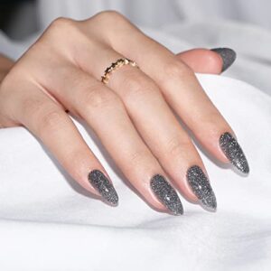 Press On Nails Medium – Made by Soft Gel, BTArtbox Reflective Glitter Almond Shaped Fake Nails with Nail Glue, Reusable Opaque Stick On Nails in 15 Sizes – 30 Nail Kit, Black Glitter