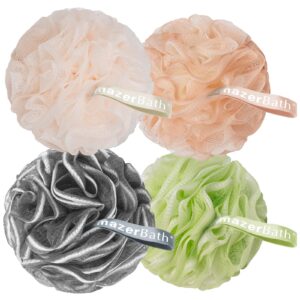 AmazerBath Bath Loofah Sponge (Pack of 4), Shower Loofah 60g/PCS Body Scrubber Loofa – Light Orange-Green-Grey-Beige, Bath Sponge for Men and Women