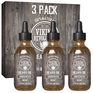 Viking Revolution Beard Oil for Men – Unscented – Natural Mens Beard Oil with Argan Oil and Jojoba Oil – Beard Softener, Strengthens and Moisturizes – Beard Conditioner for Men (3 Pack, 3 Fl Oz)