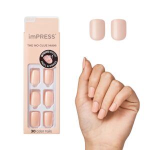 KISS imPRESS No Glue Mani Press On Nails, Color, ‘Peevish Pink’, Pink, Short Size, Squoval Shape, Includes 30 Nails, Prep Pad, Instructions Sheet, 1 Manicure Stick, 1 Mini File
