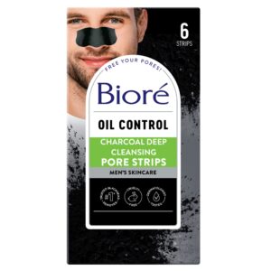 Biore Men’s Blackhead Remover Pore Strips, Charcoal Deep Cleansing Nose Strips for Blackhead Removal, Oily Skin, 6 Count