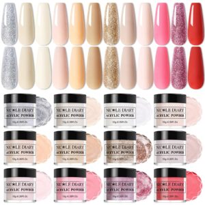 NICOLE DIARY Acrylic Power Set – 12 Colors Nude Pink and Glitter Acrylic Nail Powder for French Manicure> DIY Nail Art> No UV Light Needed