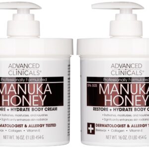 Advanced Clinicals Manuka Honey Body Cream For Women & Men | Body Butter Lotion For Extremely Dry Skin | Collagen Cream | Skincare Moisturizer Hydrating Balm Improves Look Of Aging Skin, 16Oz, 2-Pack