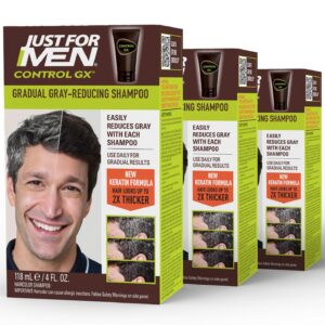 Just For Men Control GX Grey Reducing Shampoo, Gradual Hair Color with Keratin for Stronger Thicker and Healthier Looking Hair, 4 Fl Oz – Pack of 3 (Packaging May Vary)