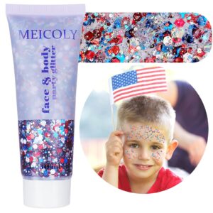 MEICOLY Red White and Blue Body Glitter,4th of July Accessories,4th of July Outfits for Women Kids,Fourth of July Patriotic Face Glitter for Independence Day President’s Day Patriotic Veterans Day
