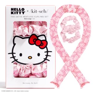 Hello x Kitsch Satin Heatless Hair Curler Set – Heatless Curls Overnight, Hair Rollers for Soft Curls & Frizz-Free Styling, No Heat Curlers To Sleep in, Curling Rod Headband – Pink Kitty Faces