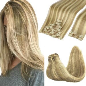 GOO GOO Clip in Hair Extensions Real Human Hair, Remy Human Hair Extensions Clip ins for Women, Natural Human Hair, 14inch 150g 9Pcs, 16/22 Light Blonde Highlighted Golden Blonde