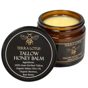 Terra Lotus – Organic Grass-Fed Beef Tallow Balm with Raw Honey – Moisturizing Cream for Soft, Smooth Skin – Handmade All-Natural Moisturizer (2 Oz, Unscented)