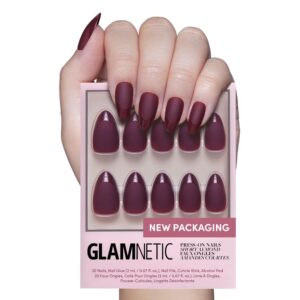 Glamnetic Press On Nails – Merlot | Matte Short Almond Dark Red Nails with Glossy French Tips | 15 Sizes – 30 Nail Kit with Glue