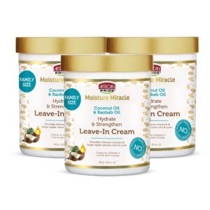 African Pride Moisture Miracle Coconut Oil & Baobab Oil Leave-In Hair Cream (3 Pack) – Provides Intense Moisture & Helps Repair Natural Coils & Curls, Hydrates & Strengthens, 18 oz