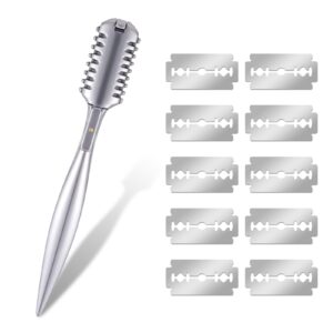 Aluminum Double-Edge Hair Razors For Cutting Hair 3″ Mental Thinning Styling Razors with 10 PCS Sharp for Thin and Thick Hair Trimming and Styling(Silver)