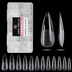 UNA GELLA Long Stiletto Gel Nail Tips Full Cover 504PCS Pre-shape Long Stiletto Almond Fake Clear Nails Tips No Need File Gel Tips No C Curve for Nail Extension DIY Art Salon 12 Sizes