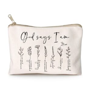 God Says You Are Cosmetic Bag, Christian Makeup Bag Bible Verse Floral Bible Verse Makeup Case for Women, Inspirational Cosmetic Bag, Sister Gifts, Affirmations Gifts (God says I am …)