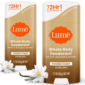 Lume Whole Body Deodorant – Invisible Cream Stick – 72 Hour Odor Control – Doctor Developed – Aluminum Free, Baking Soda Free and Skin Loving – 2.2 Ounce (Pack of 2) (Vanilla Bliss)