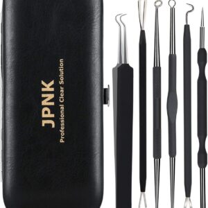 JPNK Blackhead Remover Tool Comedones Extractor Acne Removal Kit for Blemish, Whitehead Popping, 6 Pcs Zit Removing for Nose Face Tools with a Leather Bag (Black)
