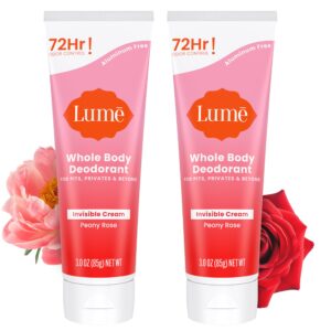 Lume Whole Body Deodorant – Invisible Cream Tube – 72 Hour Odor Control – Aluminum Free, Baking Soda Free, Skin Safe – 3.0 ounce (Pack of 2) (Peony Rose)
