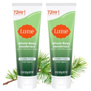 Lume Whole Body Deodorant – Invisible Cream Tube – 72 Hour Odor Control – Aluminum Free, Baking Soda Free, Skin Safe – 3.0 ounce (Pack of 2) (Fresh Alpine)