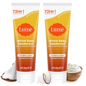 Lume Whole Body Deodorant – Invisible Cream Tube – 72 Hour Odor Control – Aluminum Free, Baking Soda Free, Skin Safe – 3.0 ounce (Pack of 2) (Toasted Coconut)