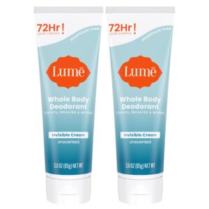 Lume Whole Body Deodorant – Invisible Cream Tube – 72 Hour Odor Control – Aluminum Free, Baking Soda Free, Skin Safe – 3.0 ounce (Pack of 2) (Unscented)