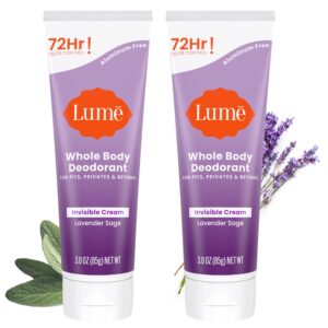 Lume Whole Body Deodorant – Invisible Cream Tube – 72 Hour Odor Control – Aluminum Free, Baking Soda Free, Skin Safe – 3.0 ounce (Pack of 2) (Lavender Sage)